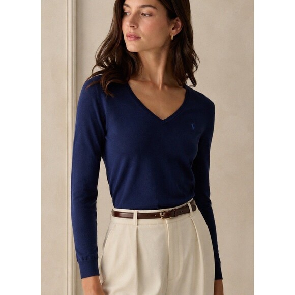 Ralph Lauren Sweaters - Ralph Lauren Womens Medium Navy Blue V-Neck Sweater Pima Cotton Pony Logo